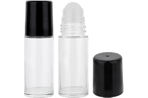 Grevosea 2 bottiglie a rullo, in vetro trasparente nero con sfera a rullo in plastica e coperchio nero, vuote, in vetro, per oli essenziali, 30 ml, ricaricabili, contenitori cosmetici per profumi, oli