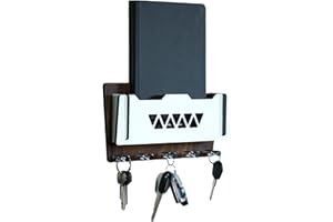 STICKY PANDA Key Holder for Wall Decorative-Wooden Key Organiser with Mobile Holder-Key Hooks Wall Mounted for Home-Key Rack with 2 Way Installation Self Adhesive or Drilling (Brown White)