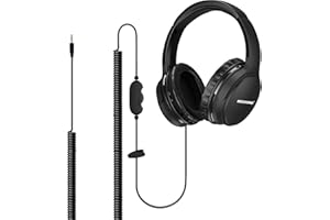 19.5 ft / 6 m extra long cable headphones for TV PC with volume control, spring spiral cable, 3.5 mm AUX, wired over-ear headphones for seniors hard of hearing people, large comfortable computer