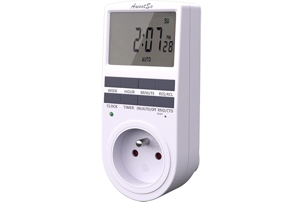 Awootsv Programmateur Prise Électrique et Digitale, with LCD écran avec Compte à rebours Minuterie Numérique Journalier/Hebdomadaire Programmateur Prise 18 Programmes (1 Pack)