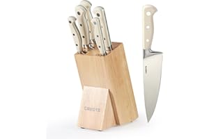CAROTE 6 Pieces Knife Set with Wooden Block High Carbon Stainless Steel Knives Dishwasher Safe with Sharp Blade Ergonomic Handle Forged Triple Rivet-Pearl White
