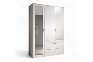 ‎STELLA TRADING Stella Trading VESALA Kleiderschrank mit Spiegeltür in Weiß - Vielseitiger Drehtürenschrank 3-türig für Ihr Schlafzimmer - 135 x 195 x 56 cm (B/H/T)