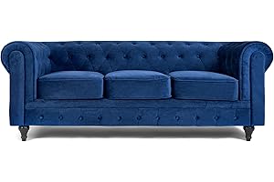 Bravich Velvet Chesterfield Sofa- Blue. 3 Seater Settee, Soft Plush Fabric Couch. Living Room Furniture, Easy Clean. 3 Seater- 205cm x 90cm x 78cm