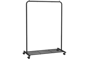 SONGMICS Perchero Burro, Burro de Ropa con Ruedas, Perchero de Metal, Barra Colgante de 91 cm de Ancho, con Estante, 2 Ruedas Bloqueables, Barra Superior Soporta hasta 40 kg, Negro HSR25BK
