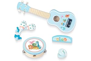 WOODENFUN Guitare pour fille - Instrument de musique en bois - Jouet avec ukulélé, tambourin, maracas, harmonica, ruban - Cadeau d'anniversaire (bleu)