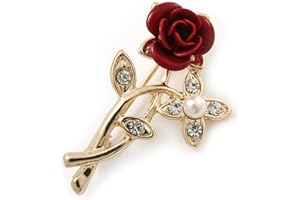 Avalaya Classic Red Rose with Simulated Pearl Brooch in Gold Plating - 35mm Across