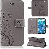 betterfon | Flower Case Handytasche Schutzhülle Blumen Klapptasche Handyhülle Handy Schale für Nokia 7.1 Grau
