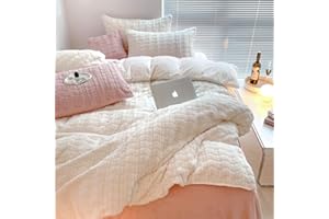 Covebett Warme Bettwäsche 135x200 Creme Weiß Winter Flauschig Plüsch Cashmere Touch Bettbezug Kariert Coral Fleece Flanell Wendebettwäsche Set 2 Teilig mit Reißverschluss and 1 Kissenbezüge 80x80 cm