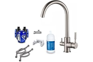 NEUES WASSER GROUP 3-Way Tap Rainbow Stainless Steel Look + Under-Sink Water Filter: Brita Filter Head, Brita Filter P1000, Flex Hose, Angle Valve Adapter