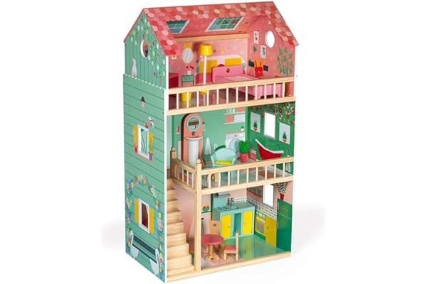 Janod - Maison de Poupée en Bois Happy Day - 3 Etages et 12 Accessoires Inclus - Jouet d'Imitation - Développer l'Imagination - Dès 3 Ans , J06580, Rose Vert