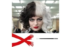 ATAYOU Short Black White Wig with Long Red Gloves and Holder, Women Short Half Black Half White Halloween Costume Wig (Black white)