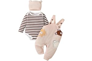 LUVCES Vestiti Set per Neonati Maschi Tutina a Righe a Maniche Lunghe + Pantaloni con Bretelle di Animale + Cappello 3 Pezzi Set di Abiti Autunnali e Invernali 0-18 Mesi