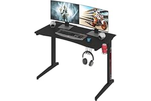 ‎WOLTU WOLTU Stół gamingowy 115 x 60 cm, ergonomiczne biurko dla graczy, stolik pod komputer z nogami w kształcie litery T, stół roboczy z przepustem kablowym, uchwyt na napoje, uchwyt na słuchawki, czarny TS133sz
