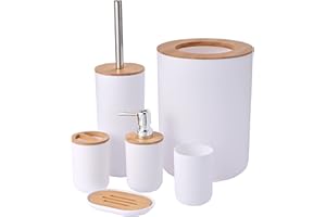 Yorkmills Bamboo Bathroom Accessories, 6 Pieces White Bathroom Accessory set, Bathroom Bin Toilet Brush Set, Durable Toothbrush Holder Cup, Soap Dispenser With Pump, Soap Dish Holder, Modern Trash Can