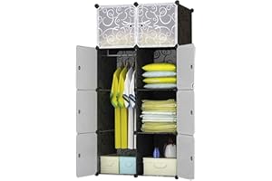BRIAN & DANY Kleiderschrank aus 8 Würfeln, Garderobenschrank Steckregalsystem Kunststoffschrank mit Türen & 1 Aufhängern, tiefere Fächer als normal (45 cm vs. 35 cm) für mehr Platz