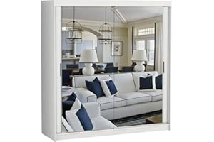 MN Furniture Double Mirror Bedroom Sliding Door Wardrobe with Led Light (White, 203cm)