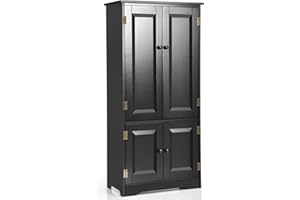 CASART Floor Storage Cabinet, Wooden Storage Cupboard with Adjustable Shelves and 4 Doors, Free Standing Hallway Sideboard for Living Room Bathroom Kitchen Office (Black)