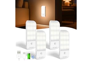 SURIGHT Luz Armario con Sensor de Movimiento, 4 Piezas Luz Nocturna Recargable Tipo-C con 3 Modos de Iluminación, Luz Noche con Banda Magnética para Armario, Pasillo, Escalera, Cocina, Garaje, Blanca Cálida
