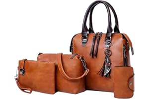 Haipky Women Handbag, Vintage Tassel Top Handle Tote Shoulder Crossbody Messenger Bags 4 PCS Set Wallet Purse Set for Women Ladies