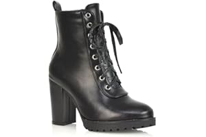 ESSEX GLAM Womens Lace Up Ankle Boots Block Heel Ladies Combat Biker Ankle Bootis Size 3-8