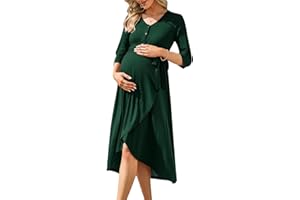 KOJOOIN Damen Umstandskleid 3/4 Ärmel Stillkleid Knopfleiste Schwangere Kleider mit Gürtel Schwangerschaftskleid Rundhals Umstandsmode (Verpackung MEHRWEG)