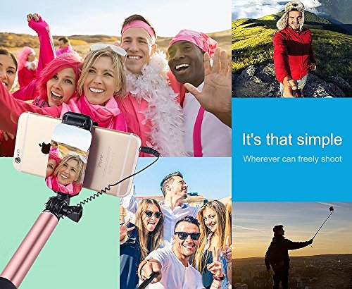 Selfie Stick [ iPhone Lightning | Mirror | Wire Control (No Bluetooth) ] ,YooGoal Extendable Compact Handheld Monopod with Mirror for HD Rear Camera Shooting and Built-in Remote Shutter for iPhone X 8 8Plus 7 7Plus 6 6S Plus 5 5S (Rose Gold)