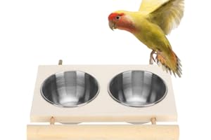 SH-RuiDu Parrot Feeding Bowl with Wooden Shelf, Stainless Steel Bird Feeding Dish Cups Pet Food Water Feeder for Chinchilla Parrot Cockatiel Conure Budgies Parakeet Small Animals (Double Bowl)