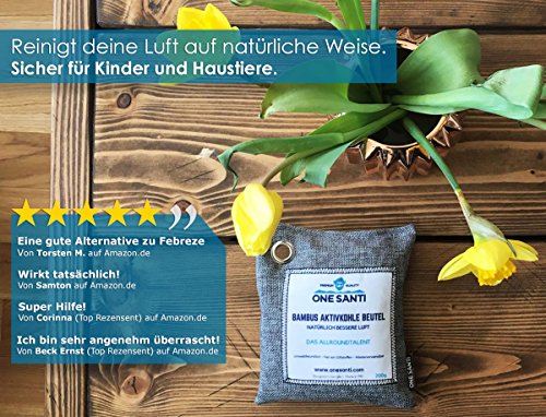 Luftentfeuchter mit Bambus-Aktivkohle von ONE SANTI ✲ Das Aktivkohle Säckchen im 2er Set ✲ Der beste umweltfreundliche Lufterfrischer und effektive Geruchsentferner – Dein Geruchsneutralisierer für Auto, Küche, Schrank, WC, Wohnwagen oder Sport-tasche - 4