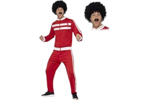 A2ZFD Mens Red Scouser Tracksuit + Wig & Tash : 80s Retro Fancy Dress Costume
