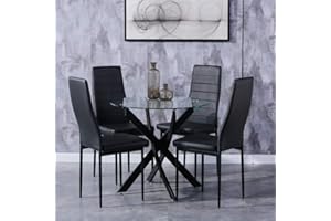 ‎GOLDFAN GOLDFAN Esstisch mit 4 Stühlen Esstisch Rund Glas Moderner Küchentisch Esszimmerstuhl aus Leder Küchenstuhl, Schwarz
