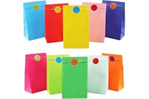 Bolsas de Regalo, Vexillic 60 Piezas Bolsas de Papel Kraft Colores Bolsas Chuches Cumpleaños con Pegatinas para Fiestas (10 Colores) (A)