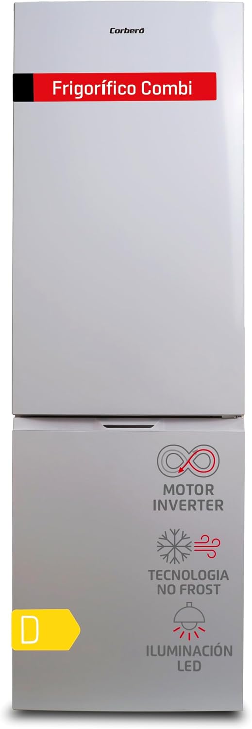 Corbero - Frigorífico Combi | CCH324EW | No Frost | 293L | 186 cm | Cajón Crisper | Estantes de cristal ajustables | Hueveras y Cubiteras | Luz Led | Blanco