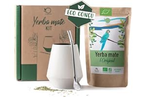 ORIGEENS CALEBASSE MATÉ - Kit Maté Complet avec Tasse Maté Céramique Artisanale (Portugal), Bombilla, Yerba Mate BIO inclus - Coffret Cadeau conditionné en France