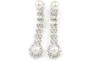 AVALAYA Clear Crystal, Pearl Style Bead Teardrop Clip On Earrings In Silver Tone - 45mm L