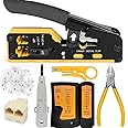 MIKUER RJ45 Crimp Tool Kit, Ethernet Pass Through Crimper, Network Cat5 Cat6 Cat7 Crimping Tool Repair Kit Includes Cable Tester, Mini Stripper, Blades, 10Pcs Connectors