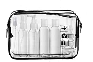 LECUNE Transparenter Kulturbeutel mit Reiseflaschenset, 13 Stück Reisen Flaschen Set(100ml) und 1 Stück Plastikbeutel für Flüssigkeiten zugelassen (20x20cm),Flughafen-konforme Tasche,Reisezubehör