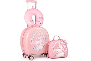 GOPLUS Valise Cabine Enfant 4 PCS, 14'' Valise à roulettes Enfant avec 10'' Sac à Dos, Oreiller Cervical, Etiquette Nominative, Motif Licorne, Valise de Voyage pour Garçon Fille 3 à 7 Ans (Rose)