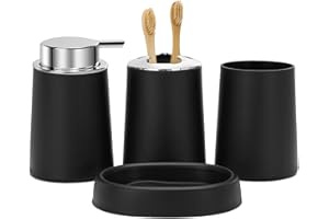 FEILANDUO Bathroom Accessories Set, 4 Pcs Bathroom Accessory Gift Soap Dispenser and Toothbrush Holder Set, Soap Dish, Toothbrush Cup, Modern Bathroom Decor (Black)