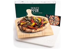 Pierre à pizza DOLCE MARE avec pelle à pizza en bois - Pierre à pizza en cordiérite de haute qualité pour four & grill - Pierre de cuisson pour une pizza ou un pain croustillants