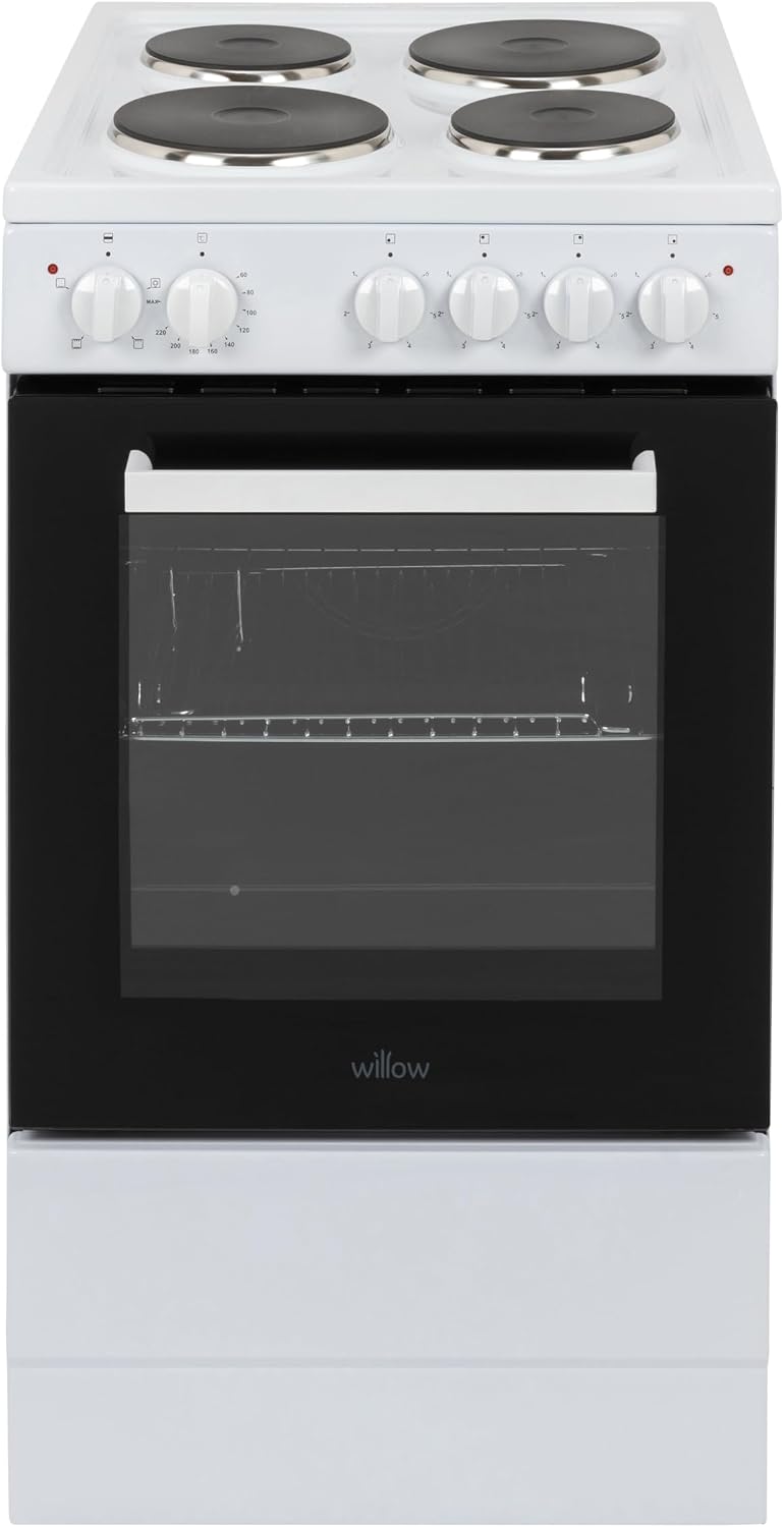 Willow WE50SSW 62L Freestanding Electric Cooker, 50cm Wide Single Cavity Cooker with Solid 4 Zone Plate Hob - White