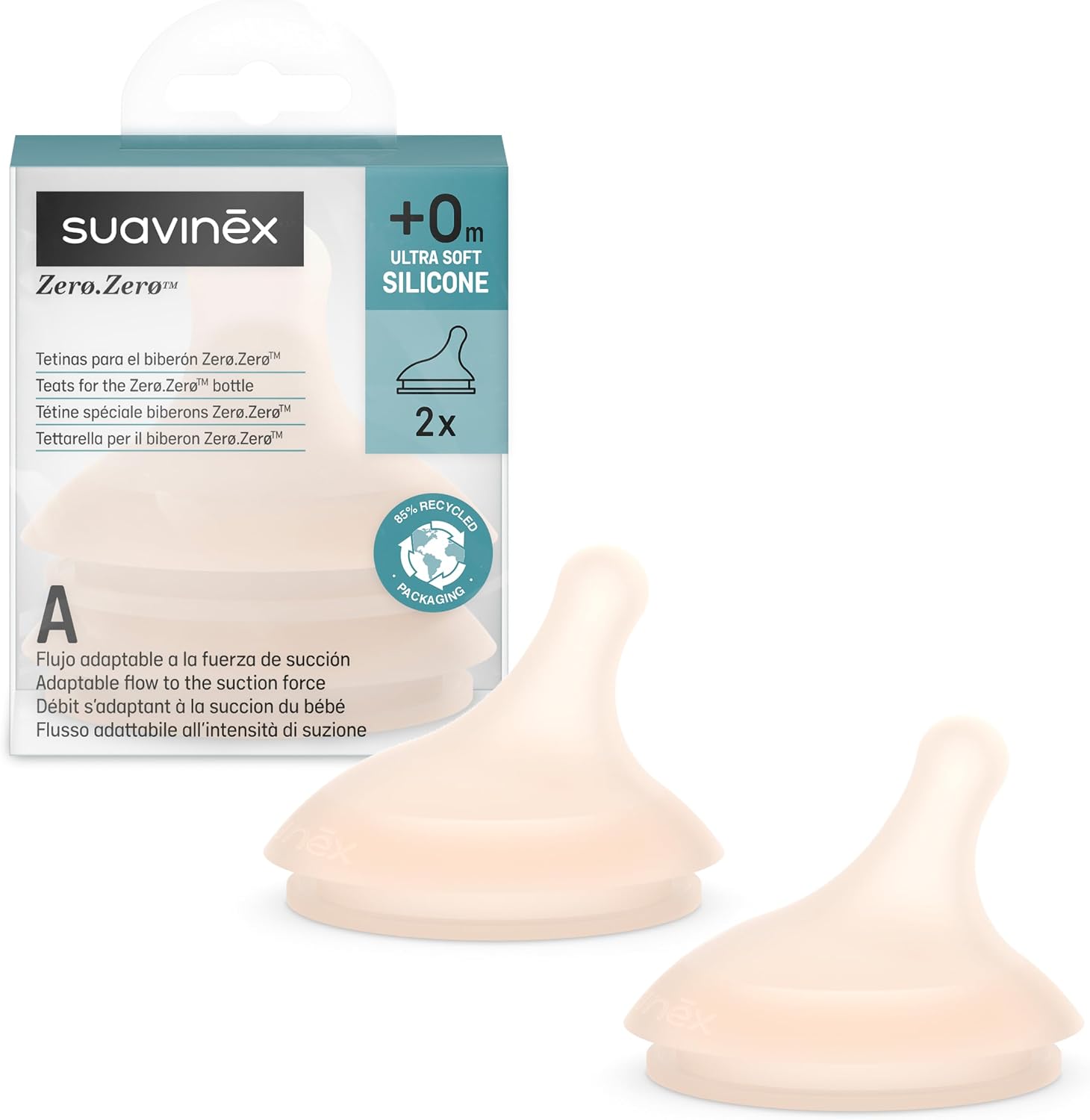 Suavinex, Pack de 2 Tetinas para el Biberón Anticólicos Zero Zero, Repuesto de 2 Tetinas de Flujo Adaptable (A) Se Adapta a la Fuerza de Succión del Bebé, Tetina Específica Lactancia Mixta, +0 M, Fair