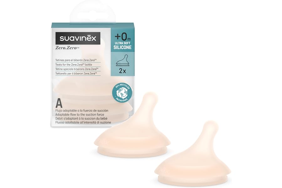 Suavinex, Pack de 2 Tetinas para el Biberón Anticólicos Zero Zero, Repuesto de 2 Tetinas de Flujo Adaptable (A) Se Adapta a l