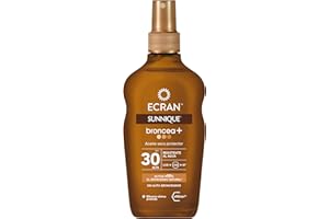 Ecran Sunnique - Aceite Protector Solar Broncea+ FPS 30, Protección Media UVB y UVA, Activa el Bronceado Natural, Sin Autobronceador, con Tecnología PureBronze, Resistente al Agua - 200 ml