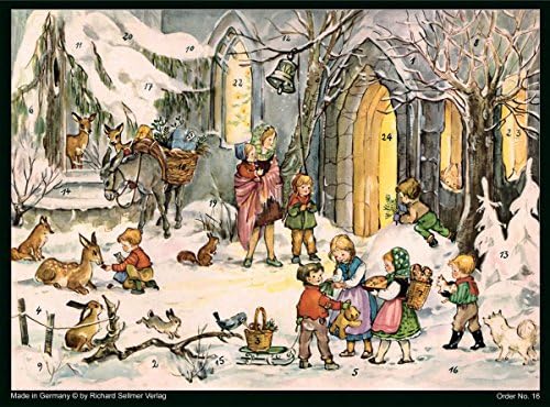 Advent Calendar 24 doors 297 x 210 mm - Snowscene Children and Animals in the Snow - with glitter and translucent windows - RS 16 - traditional antique German Design