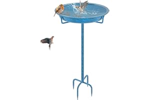 KHayRovies Vogeltränke Stehend, Vogelbad für Draußen Garten, Metall Vogelbecken Schüssel Wildvogeltränken Wassertränke, Wasserschale Frostsicher Vogelfutterspender für Vögel, 92x27cm (Retro Blau)