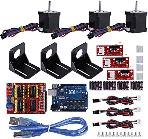 3D Printer CNC Module Kit, Professional CNC Shield + UNO R3 Board + DRV8825 Stepper Motor + 4 Aluminum Radiators with 3x Nema 17 stepper Motor Sensor Kit for Kuman UNO R3 / Arduino