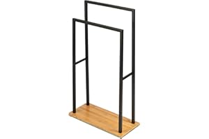WENKO Toallero de pie «Bambusa», con 2 barras verticales para toallas, base de bambú, estructura de acero negro, estilo loft, accesorio de baño sostenible, 46 x 20 x 80 cm, color natural/negro