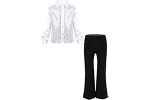 Aislor Traje De Danza Jazz Hip Hop para Niños Camisa De Lentejuelas Brillantes De Manga Larga con Pantalones Ropa para La Actuación