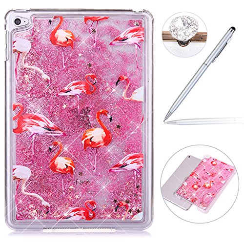 Felfy Liquid Flüssigkeit Hülle für iPad Mini 4,Glitzer Flüssig Wasser Hülle für iPad Mini 4,iPad Mini 4 Hard Hülle Luxe Kreativ Glitzer Herz Flamingos High Heels Shiny Glanz Sparkle Schwimmend Treibsand Muster Kristall klar Liquid Bling Hülle Crystal Clear Hard Case Transparent Kristall Bumper Handyhülle für iPad Mini 4 + 1x Silver Stylus + 1x Bling Dust Plug [Zufällige Farbe]