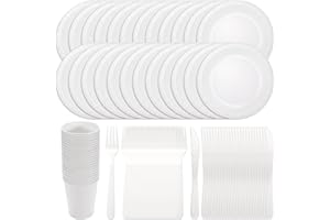 UPGROW Cheerhom 100pcs Vaisselle Blanc Party jetables: 25 Invités Vaisselle avec Assiettes, Gobelets, Couteaux et Fourchettes pour Les fêtes, Potluck, Pique-nique